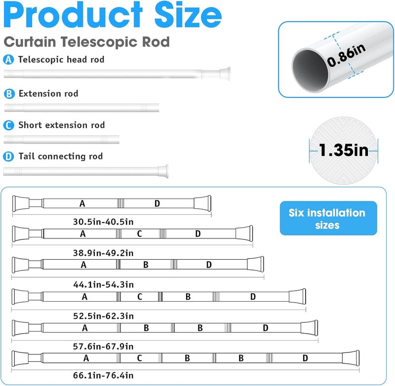 MEXAU 1Pack White Tension Curtain Rods 31 to 76 Inch Small Curtain Rods No Drilling Short Tension Rod Adjustable Spring Rod for Windows Door Closet Pressure Rod - Image 2